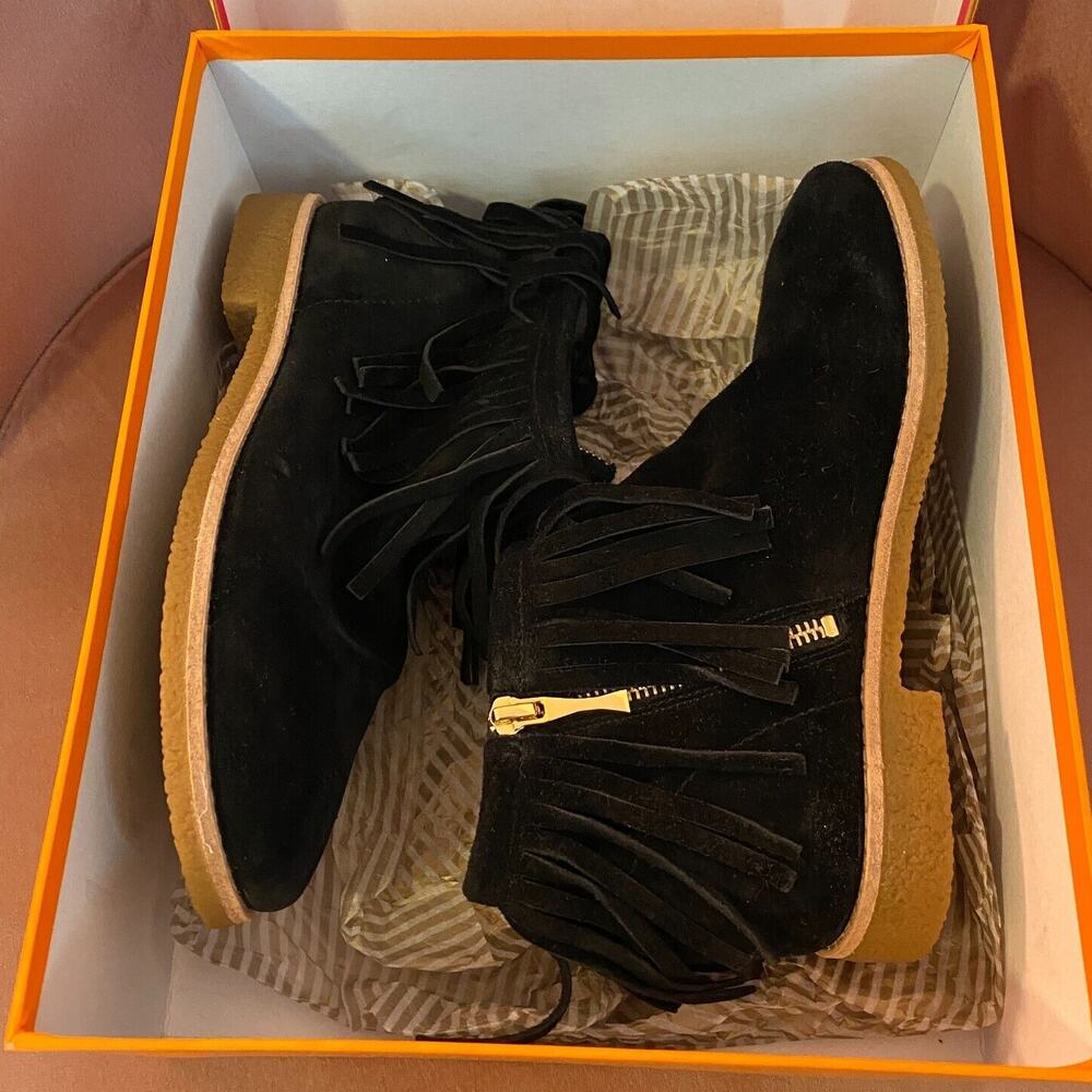 NIB Kate Spade Cute Betsie Black Fringe Suede Bootie Ankle Boot Gold Zipper 6